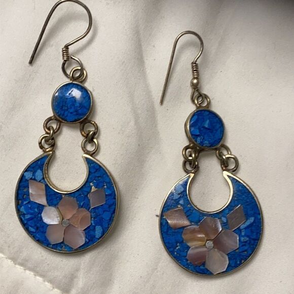 Genuine Lapis & mother of  Signed Alpoco Mexico Silver Mosaic  Flower Earrings - Picture 3 of 11